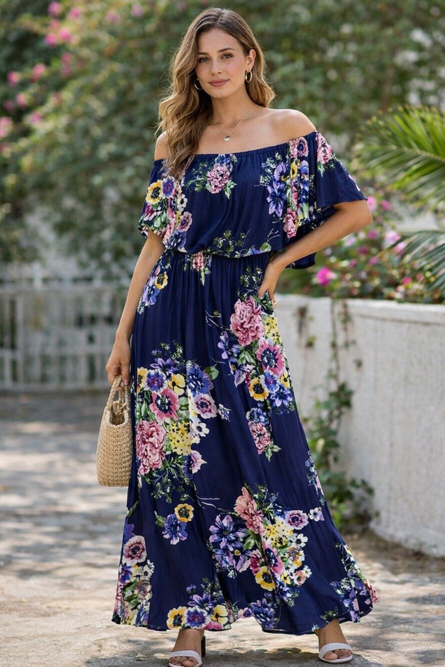 ODDY Off Shoulder Floral Maxi Dress Boho Cottagecore Navy Ruffle Stretch S